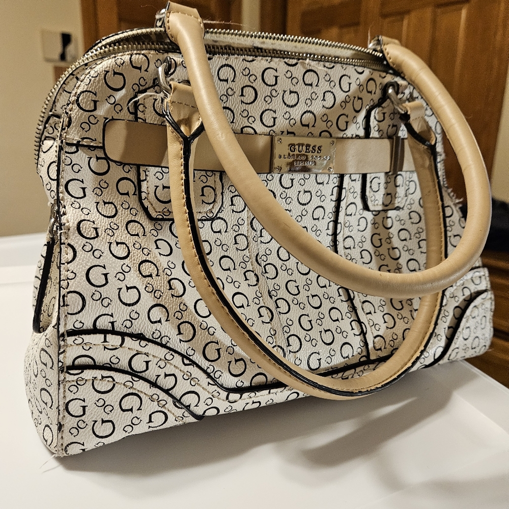COPY - Guess Handbag monogram white black tan leather